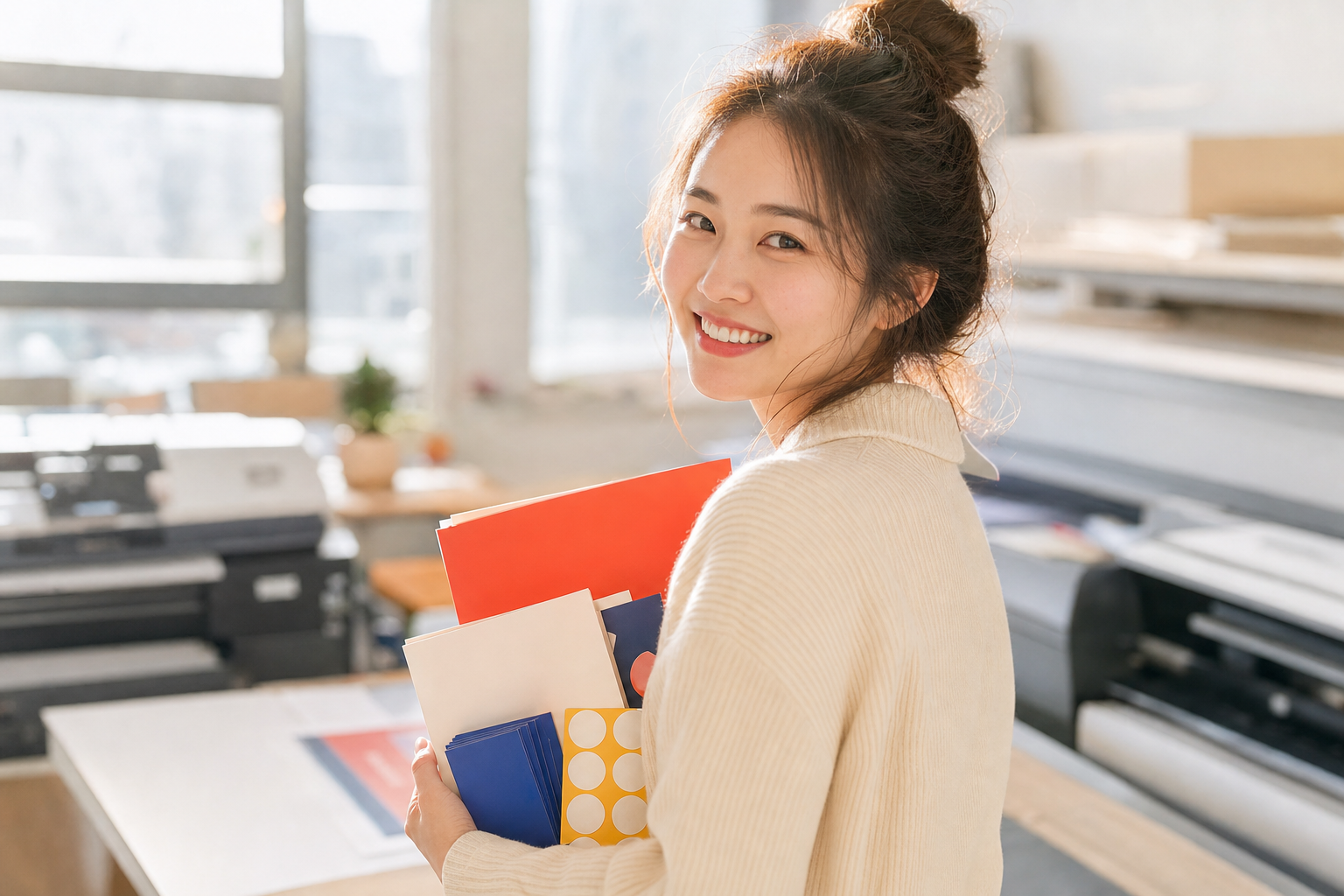 인쇄소에서 완성된 포스터와 명함, 스티커를 들고 환하게 웃는 젊은 창작자